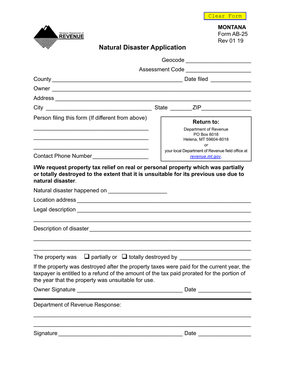 Form AB-25 Natural Disaster Application - Montana, Page 1