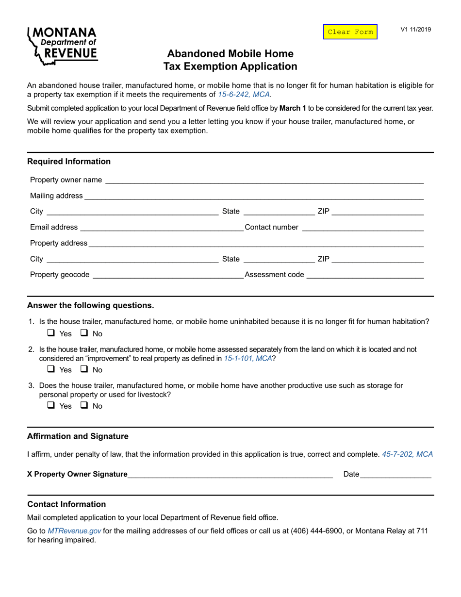 Abandoned Mobile Home Tax Exemption Application - Montana, Page 1