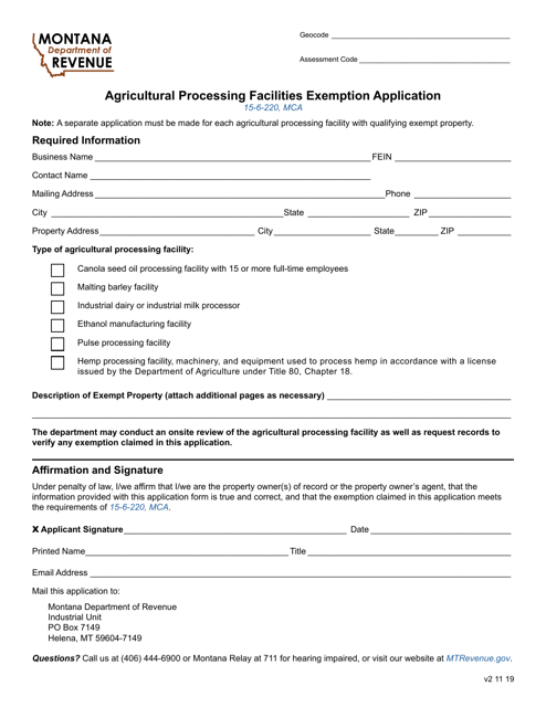 Agricultural Processing Facilities Exemption Application - Montana