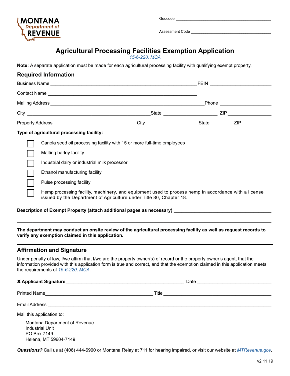 Agricultural Processing Facilities Exemption Application - Montana, Page 1
