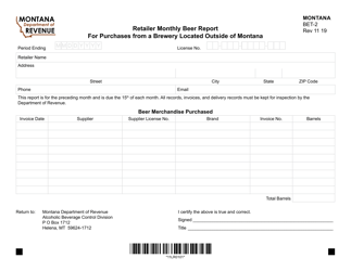 Form BET-2 Retailer Monthly Beer Report for Purchases From a Brewery Located Outside of Montana - Montana