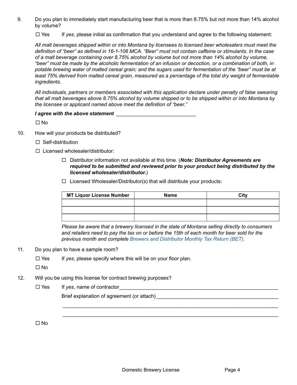 Form DBLA Domestic Brewery License - Montana, Page 10