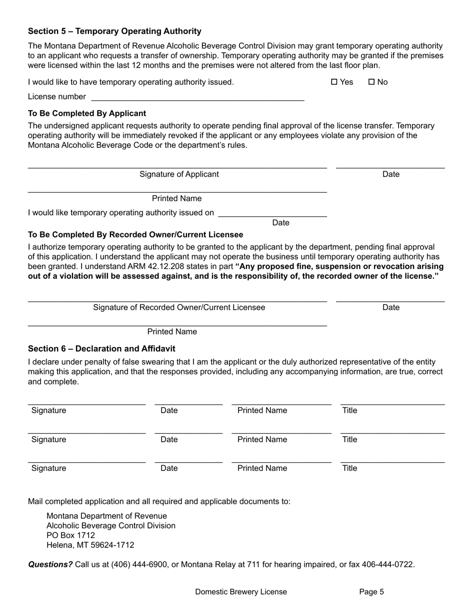 Form DBLA Domestic Brewery License - Montana, Page 11