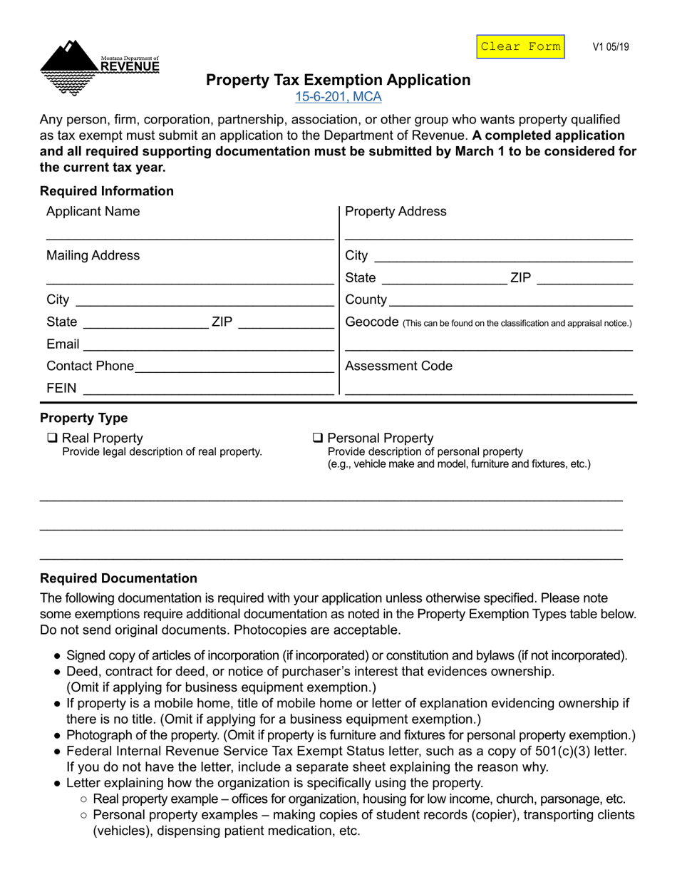 Property Tax Exemption Application - Montana, Page 1