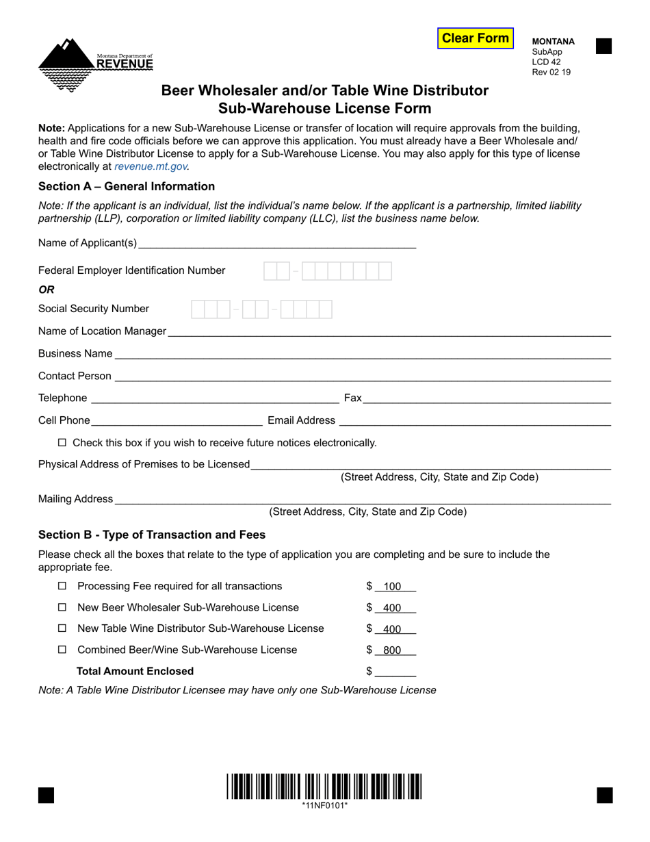 Form SUBAPP Beer Wholesaler and / or Table Wine Distributor Sub-warehouse License Form - Montana, Page 1