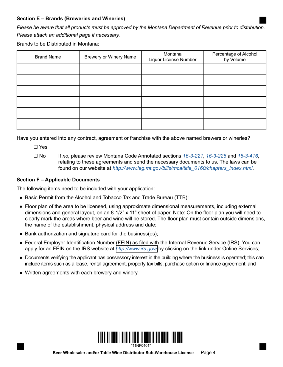 Form SUBAPP Beer Wholesaler and / or Table Wine Distributor Sub-warehouse License Form - Montana, Page 4