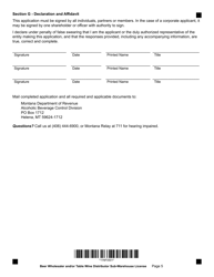 Form SUBAPP Beer Wholesaler and/or Table Wine Distributor Sub-warehouse License Form - Montana, Page 5