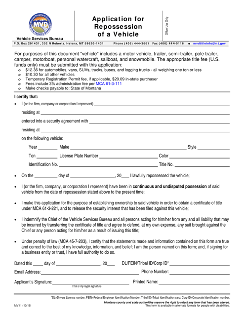 Form MV11 Application for Repossession of a Motor Vehicle/Vessel - Montana