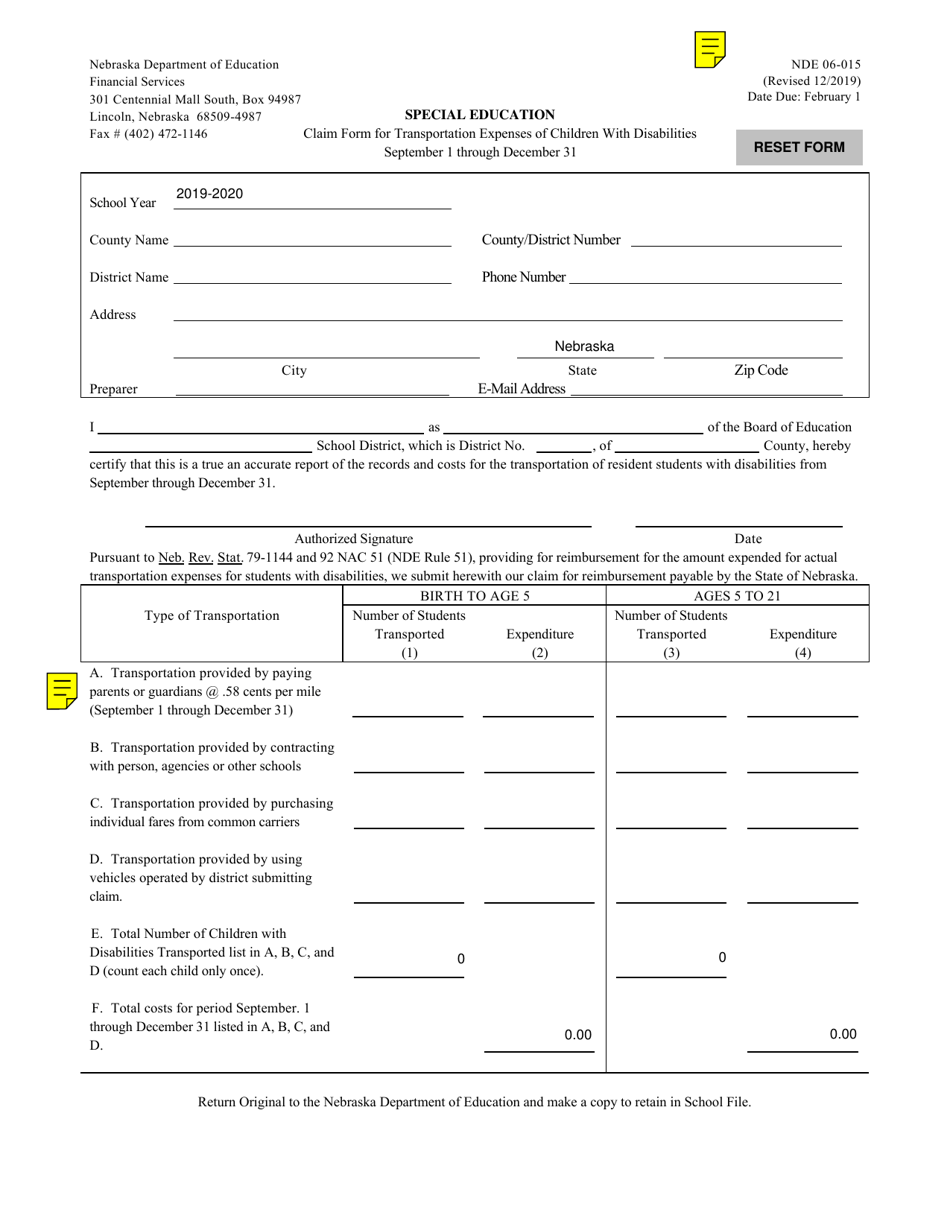 Form NDE06-015 Claim Form for Transportation Expenses of Children With Disabilities - Nebraska, Page 1