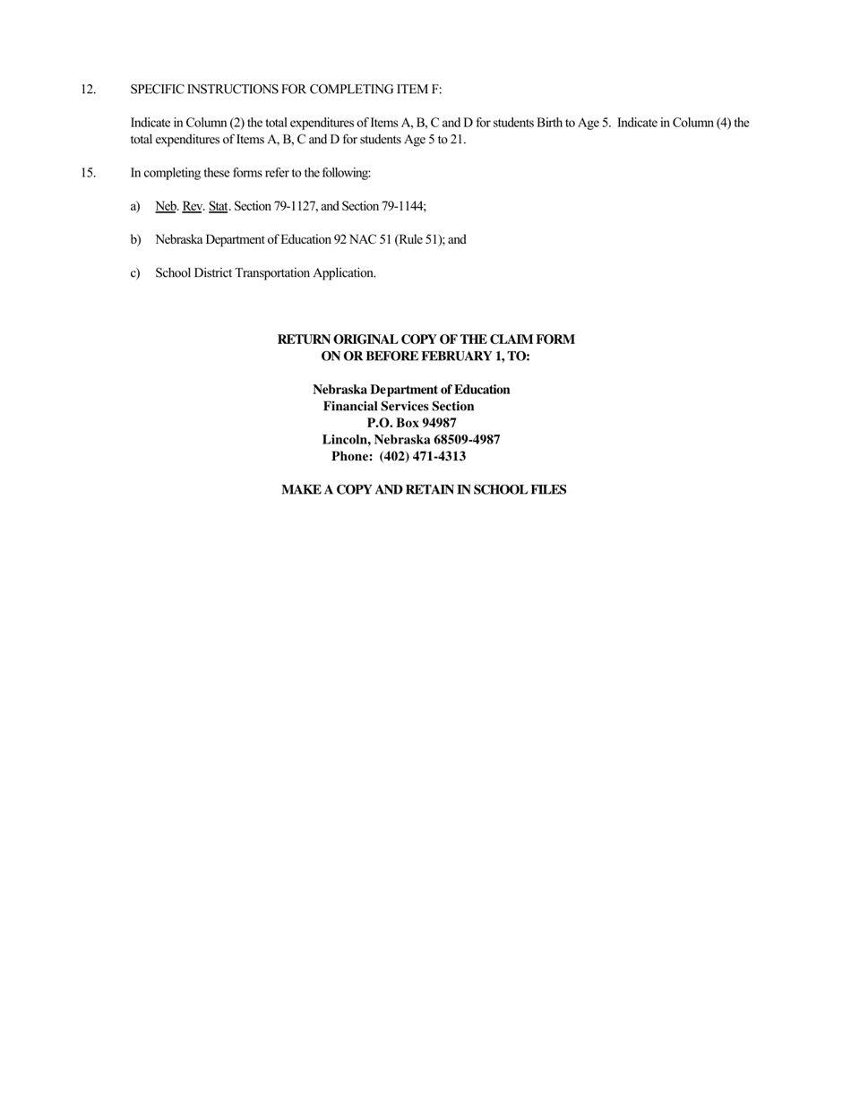 Form NDE06-015 Claim Form for Transportation Expenses of Children With Disabilities - Nebraska, Page 3