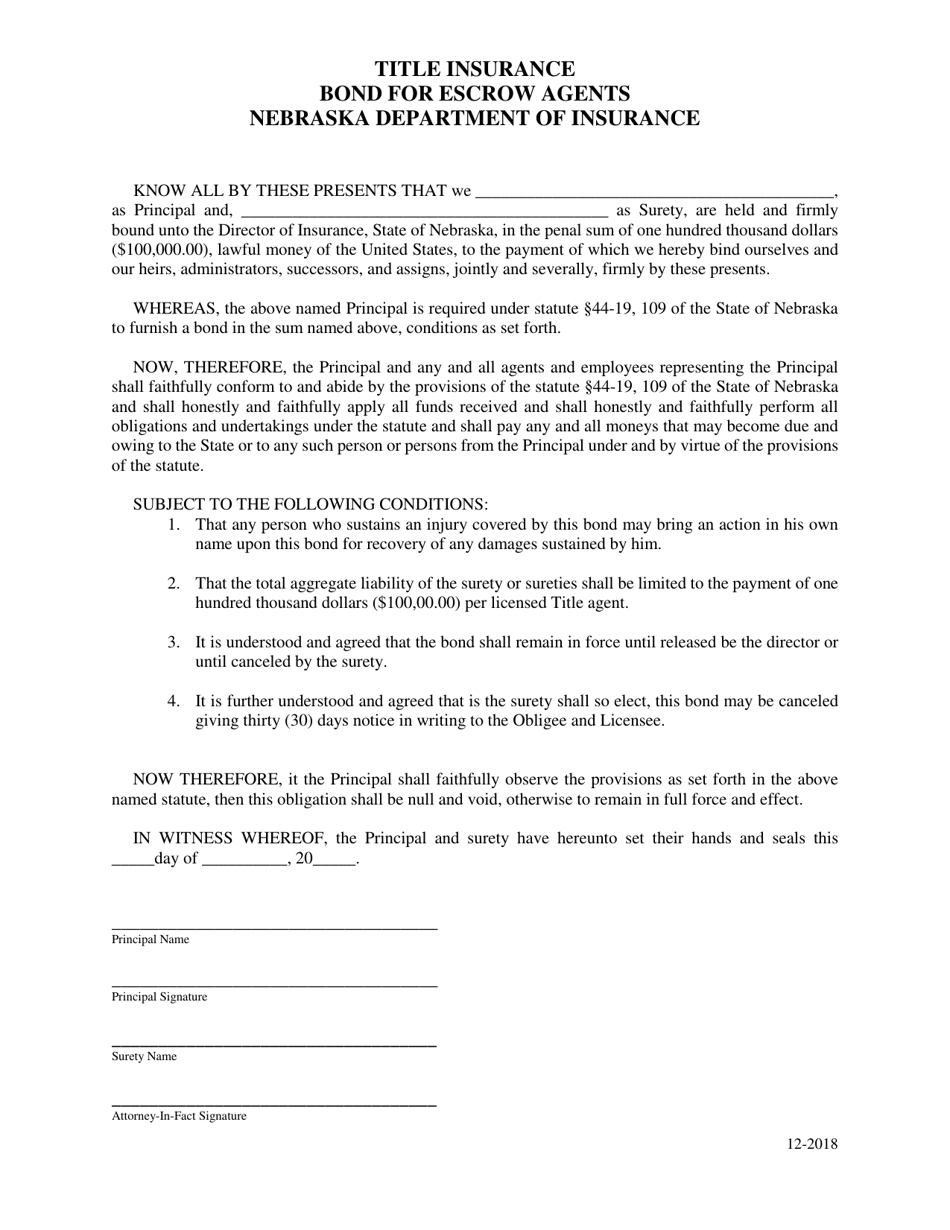 Title Insurance - Bond Form for Escrow Agents - Nebraska, Page 1