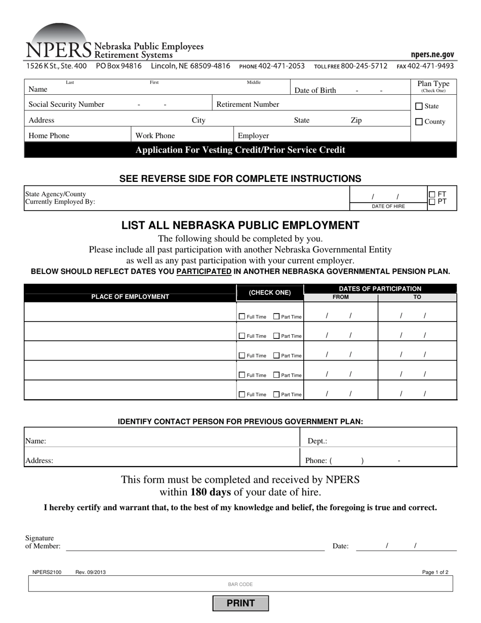 Form NPERS2100 Application for Vesting Credit / Prior Service Credit - Nebraska, Page 1