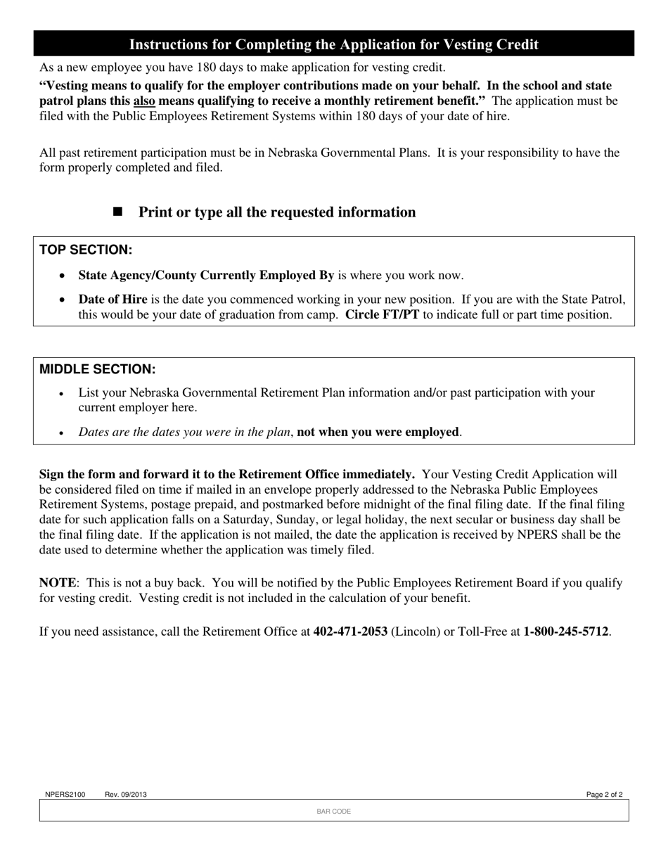 Form NPERS2100 Application for Vesting Credit / Prior Service Credit - Nebraska, Page 2