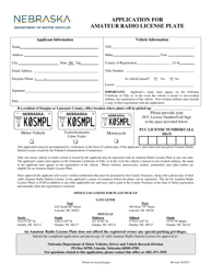 Document preview: Application for Amateur Radio License Plate - Nebraska