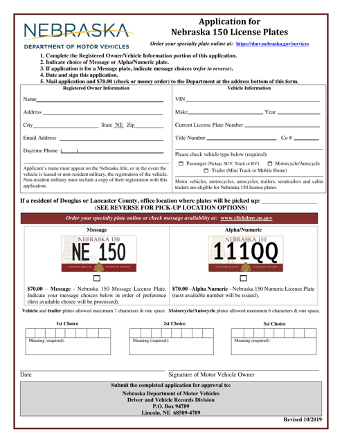 Application for Nebraska 150 License Plates - Nebraska Download Pdf