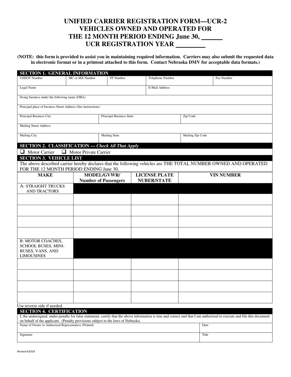 Form UCR-2 Unified Carrier Registration Form - Vehicles Owned and Operated for the 12 Month Period - Nebraska, Page 1