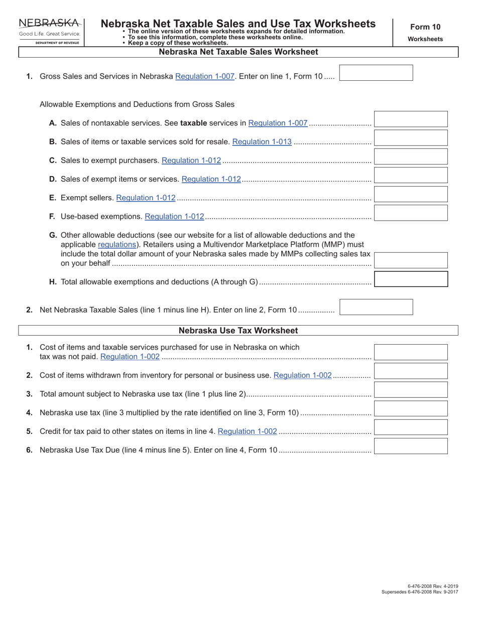 Form 10 Nebraska Net Taxable Sales and Use Tax Worksheets - Nebraska, Page 1