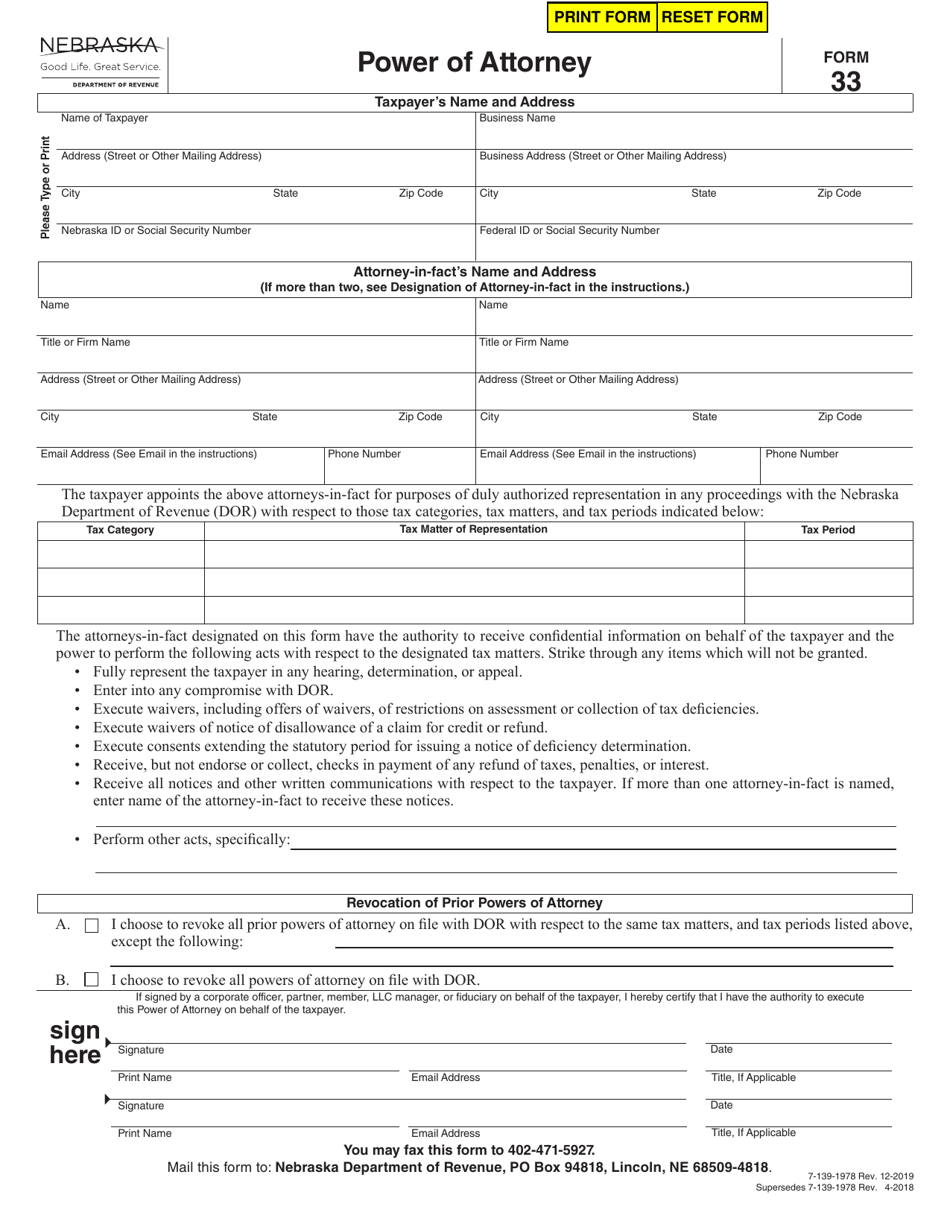 Form 33 Power of Attorney - Nebraska, Page 1