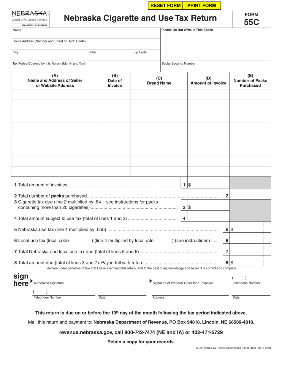 Form 55C Nebraska Cigarette and Use Tax Return - Nebraska, Page 1