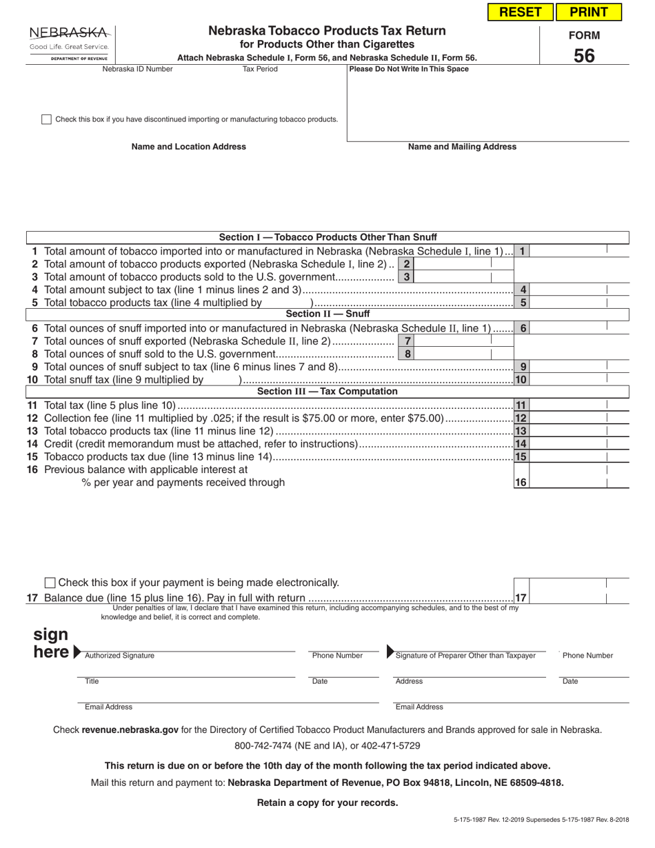 Form 56 Nebraska Tobacco Products Tax Return for Products Other Than Cigarettes - Nebraska, Page 1