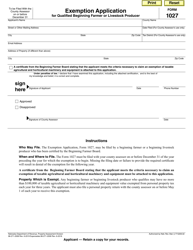 Document preview: Form 1027 Exemption Application for Qualified Beginning Farmer or Livestock Producer - Nebraska