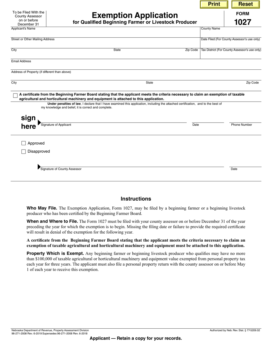 Form 1027 Exemption Application for Qualified Beginning Farmer or Livestock Producer - Nebraska, Page 1