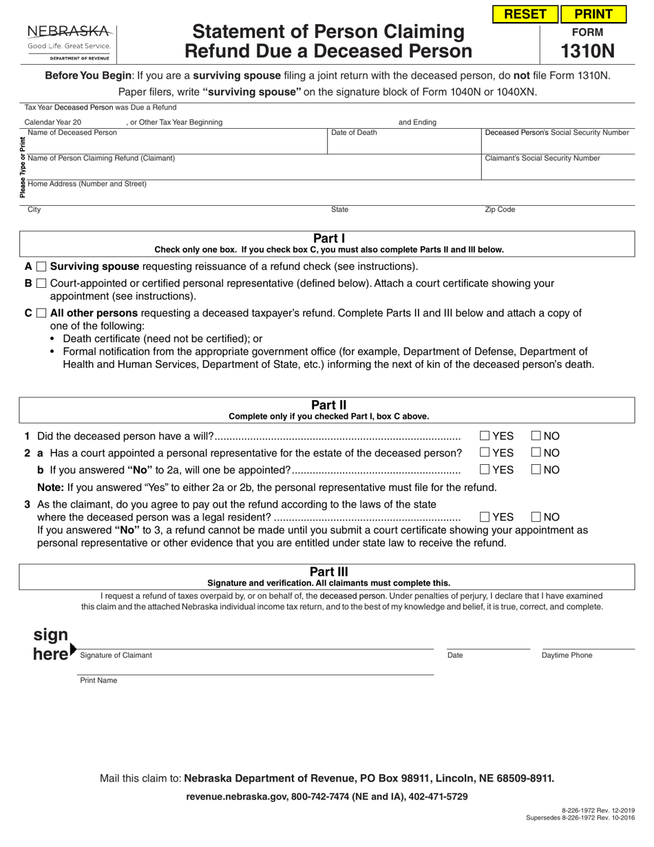 Form 1310N Statement of Person Claiming Refund Due a Deceased Person - Nebraska, Page 1