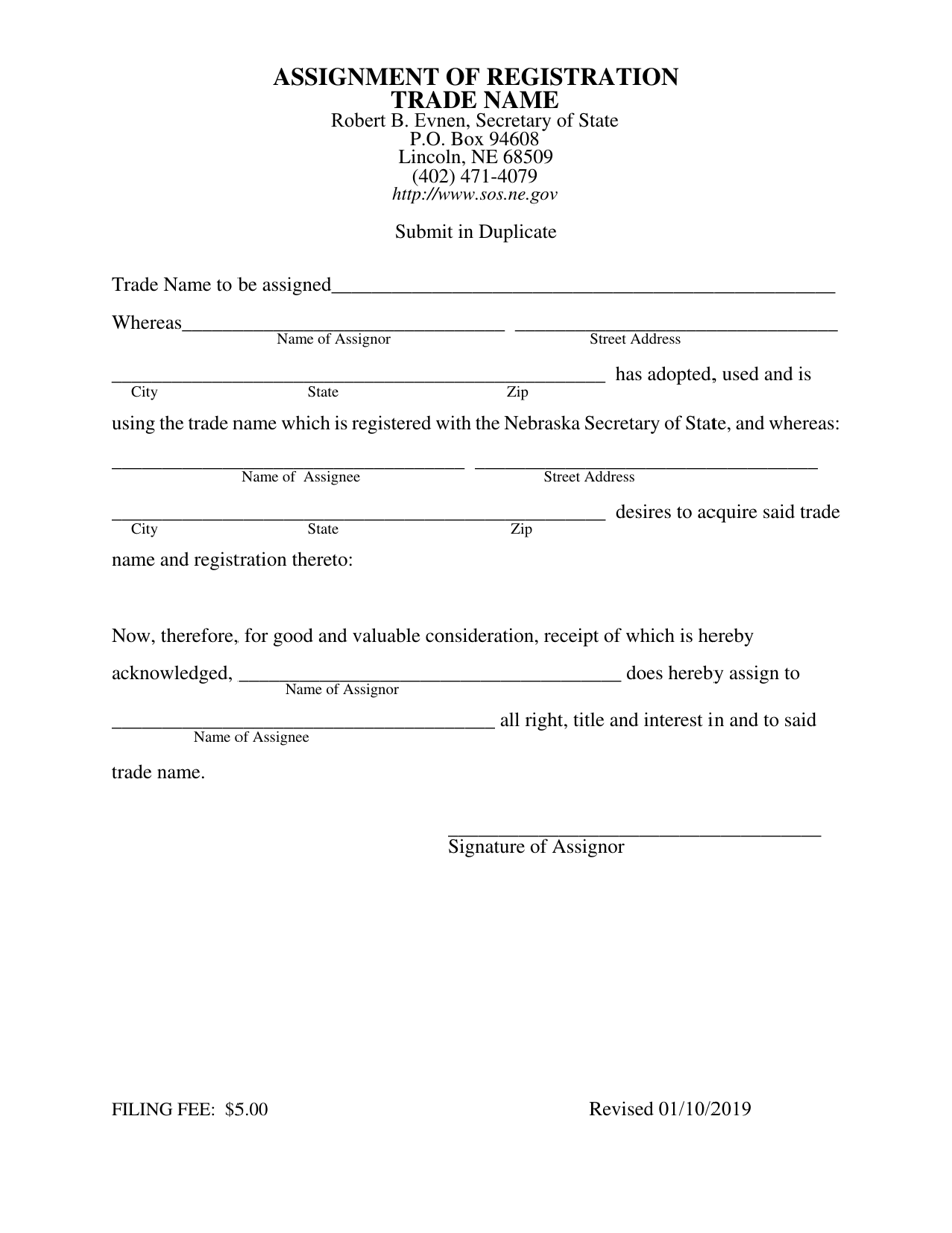 Assignment of Trade Name - Nebraska, Page 1