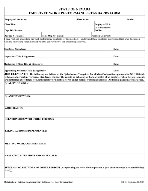 Form HR-14 Employee Work Performance Standards Form - Nevada