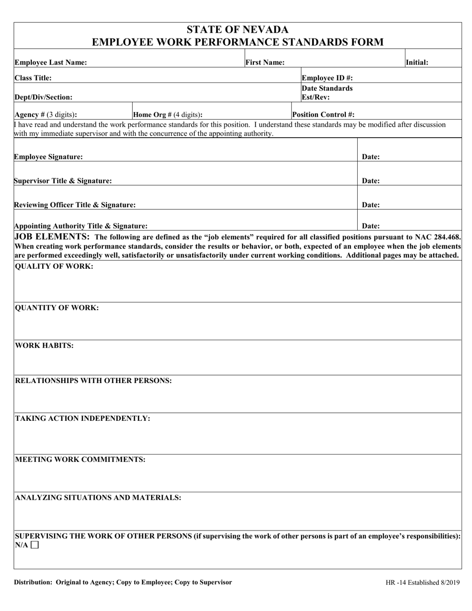Form HR-14 Employee Work Performance Standards Form - Nevada, Page 1