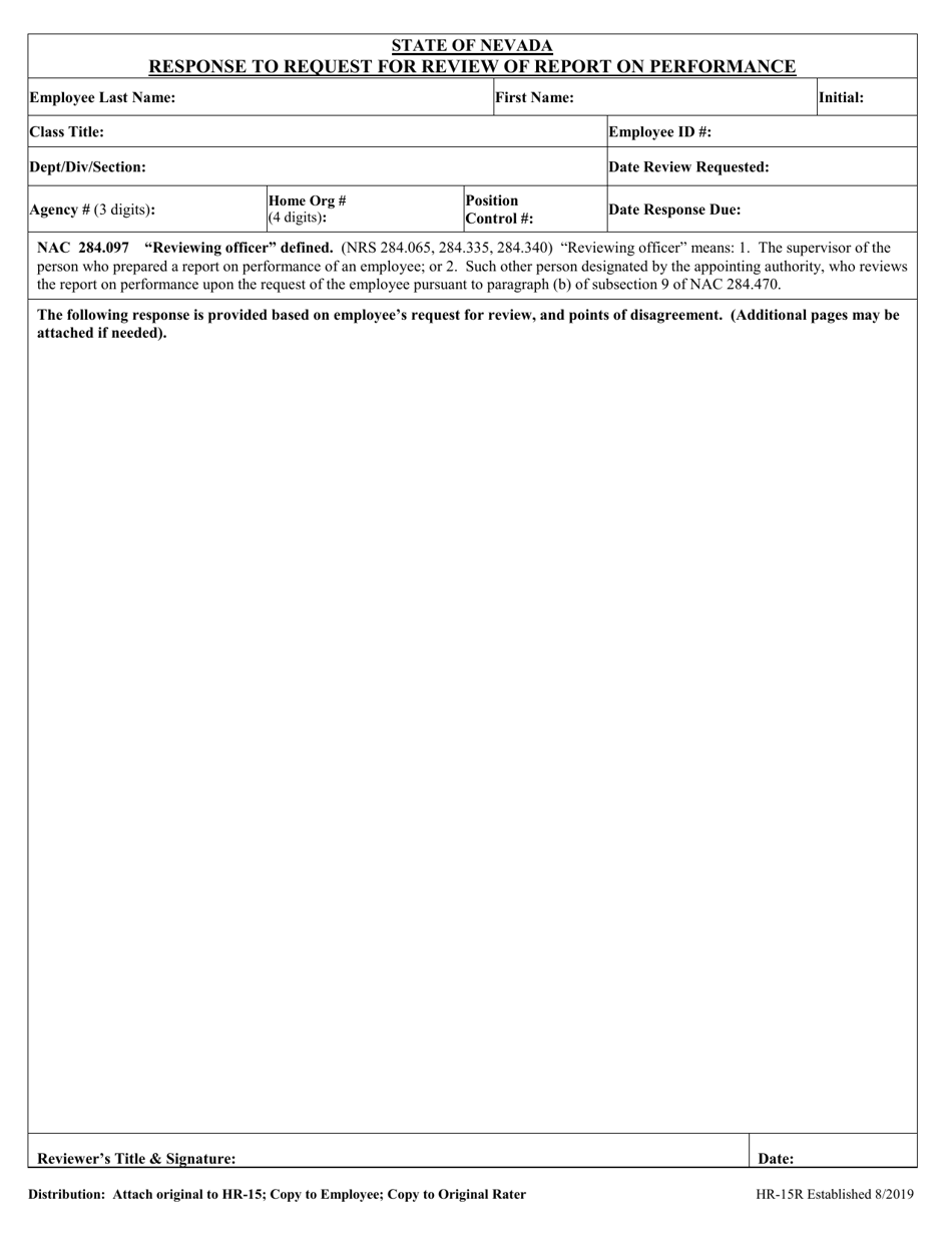 Form HR-15R Response to Request for Review of Report on Performance - Nevada, Page 1