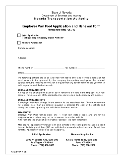 Employer Van Pool Application and Renewal Form - Nevada Download Pdf