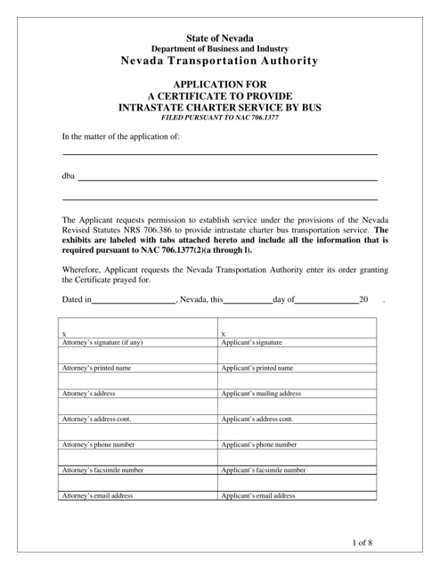 Application for a Certificate to Provide Intrastate Charter Service by Bus - Nevada Download Pdf