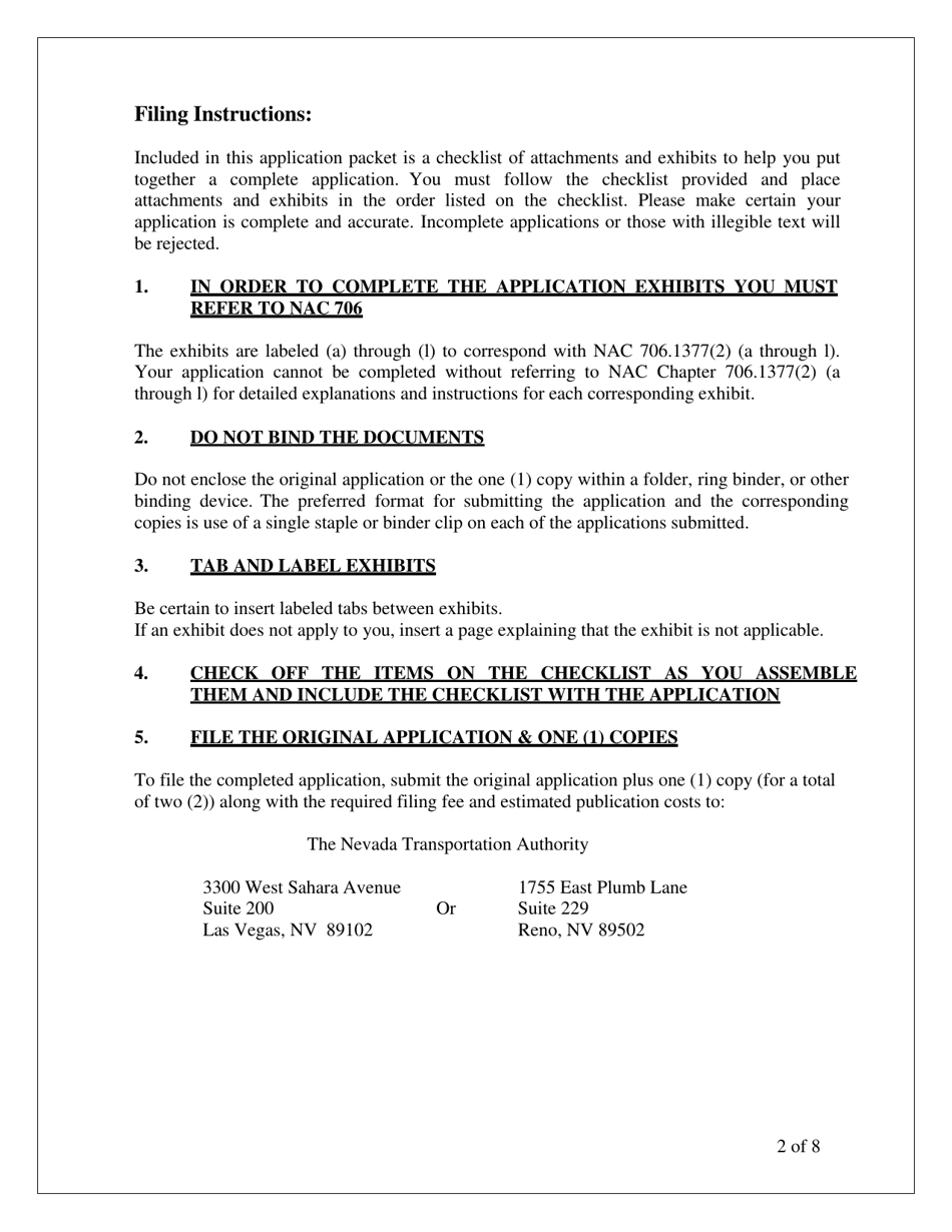 Application for a Certificate to Provide Intrastate Charter Service by Bus - Nevada, Page 2