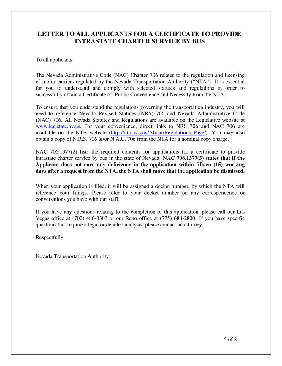 Application for a Certificate to Provide Intrastate Charter Service by Bus - Nevada, Page 5