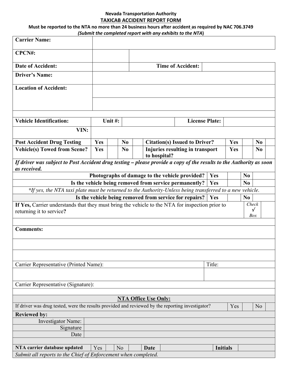 Taxicab Accident Report Form - Nevada, Page 1