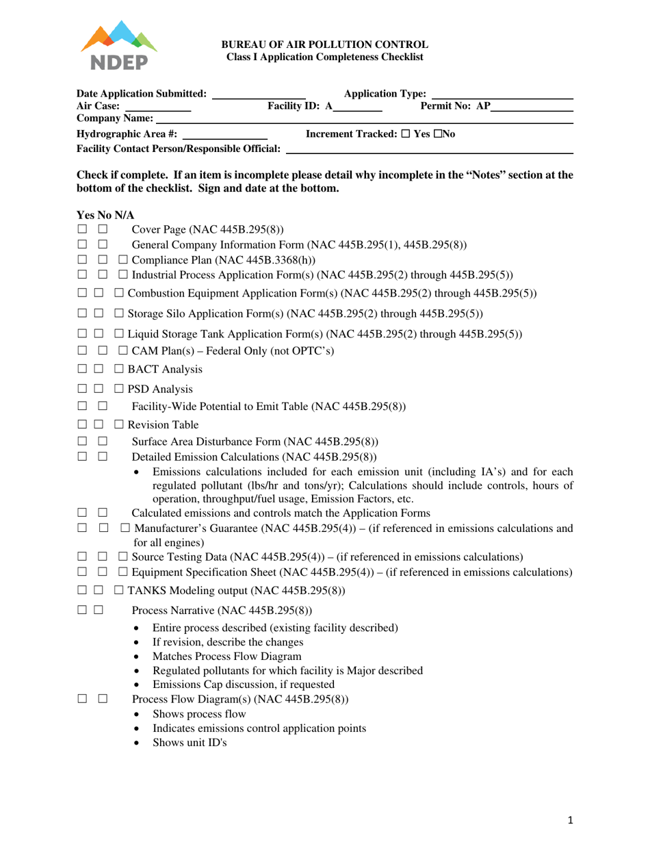 Class I Application Completeness Checklist - Nevada, Page 1