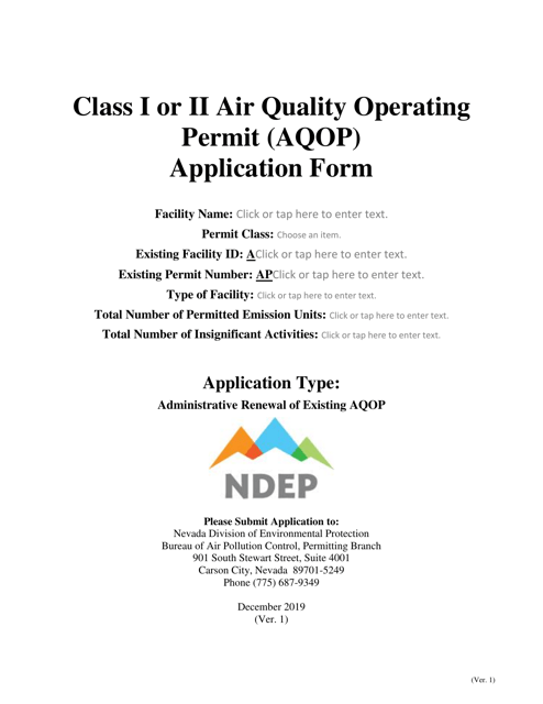 Class I or II Air Quality Operating Permit (Aqop) Application Form - Nevada Download Pdf