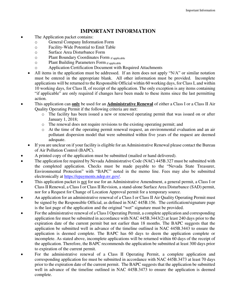 Class I or II Air Quality Operating Permit (Aqop) Application Form - Nevada, Page 2