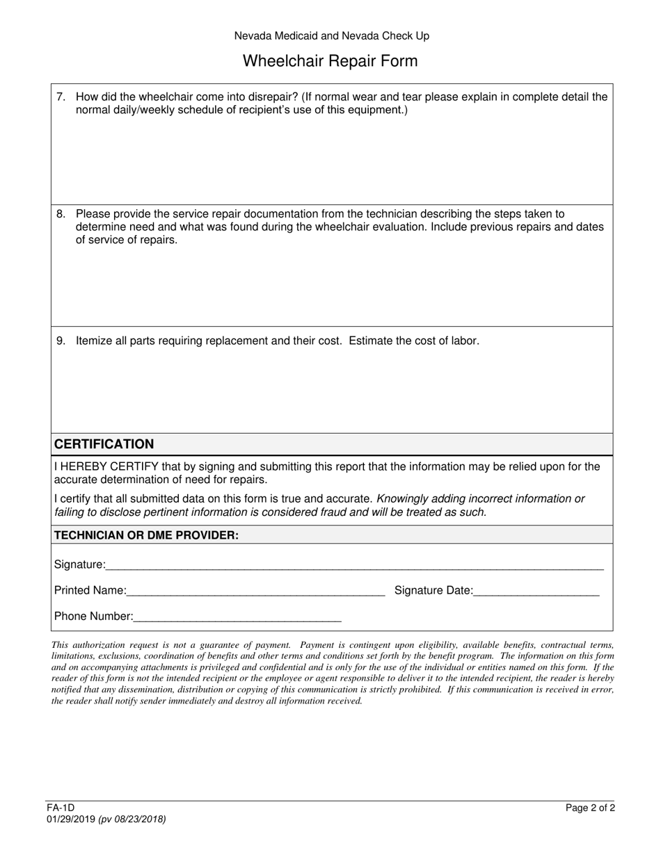Form FA-1D Wheelchair Repair Form - Nevada, Page 2