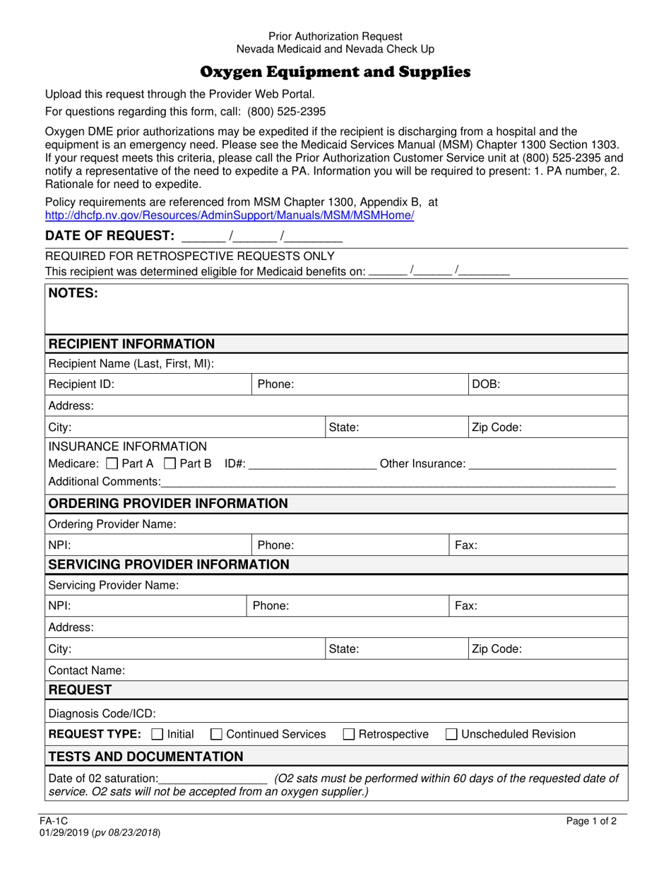 Form FA-1C Oxygen Equipment and Supplies Prior Authorization Request - Nevada, Page 1
