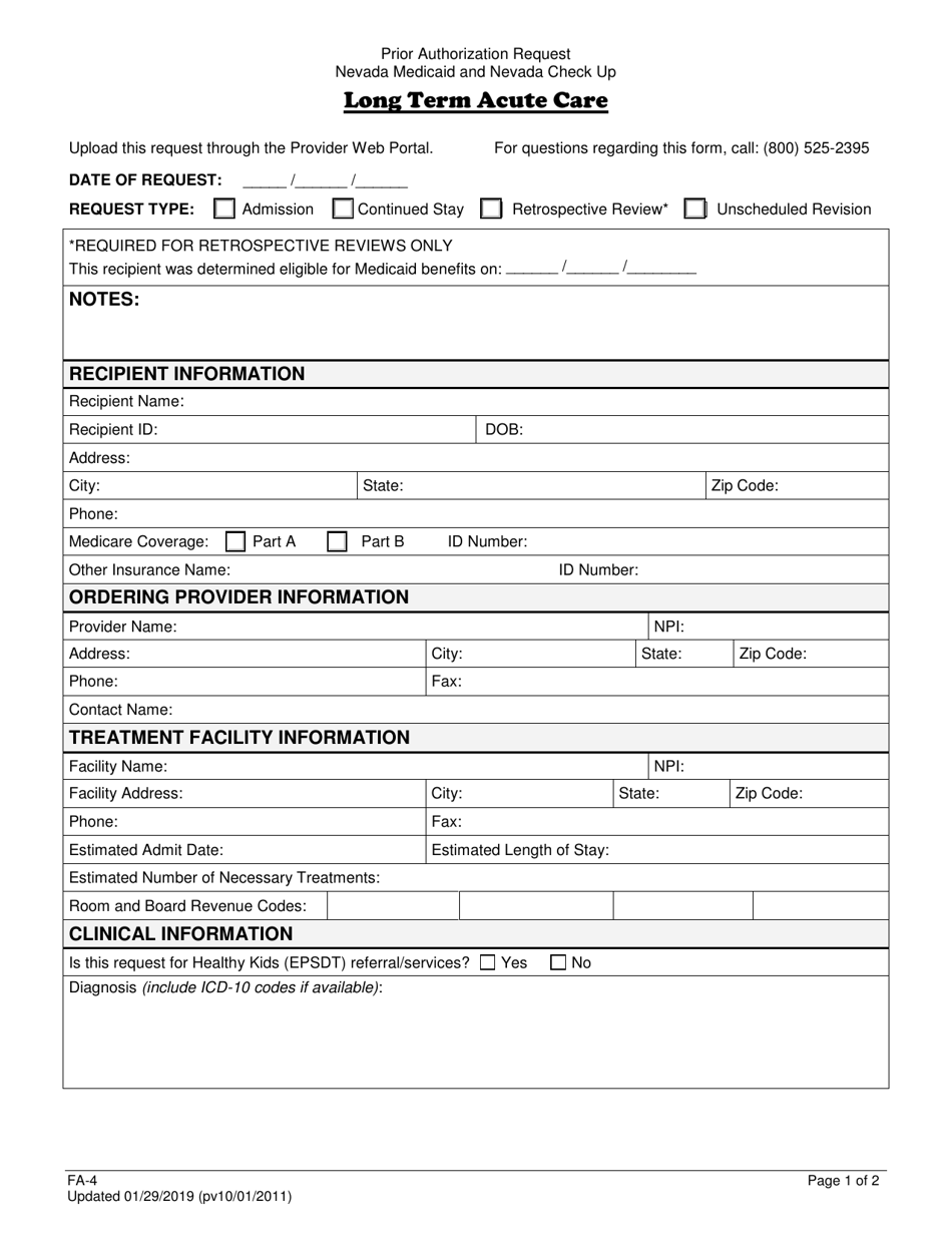 Form FA-4 Long Term Acute Care Prior Authorization Request - Nevada, Page 1