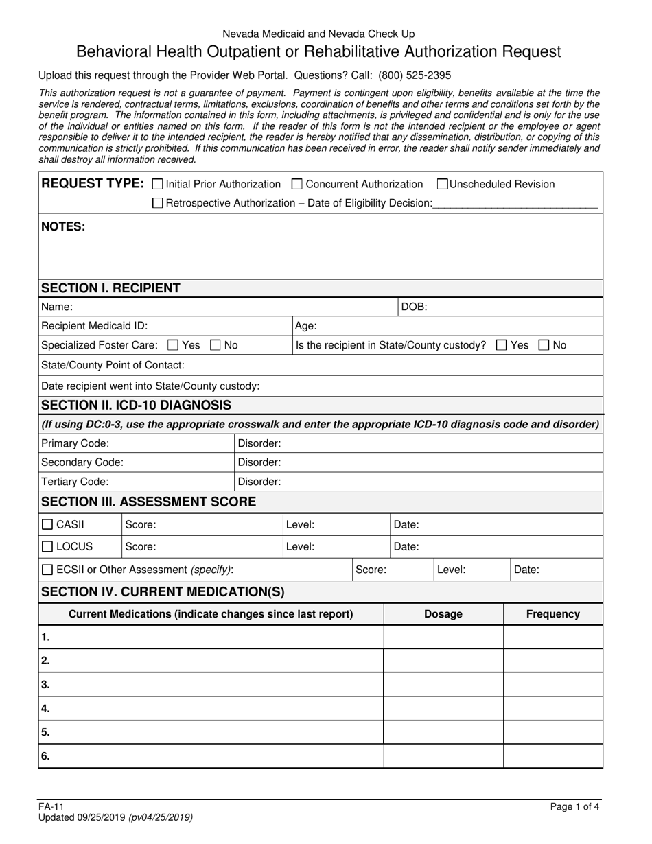 Form FA-11 Behavioral Health Outpatient or Rehabilitative Authorization Request - Nevada, Page 1