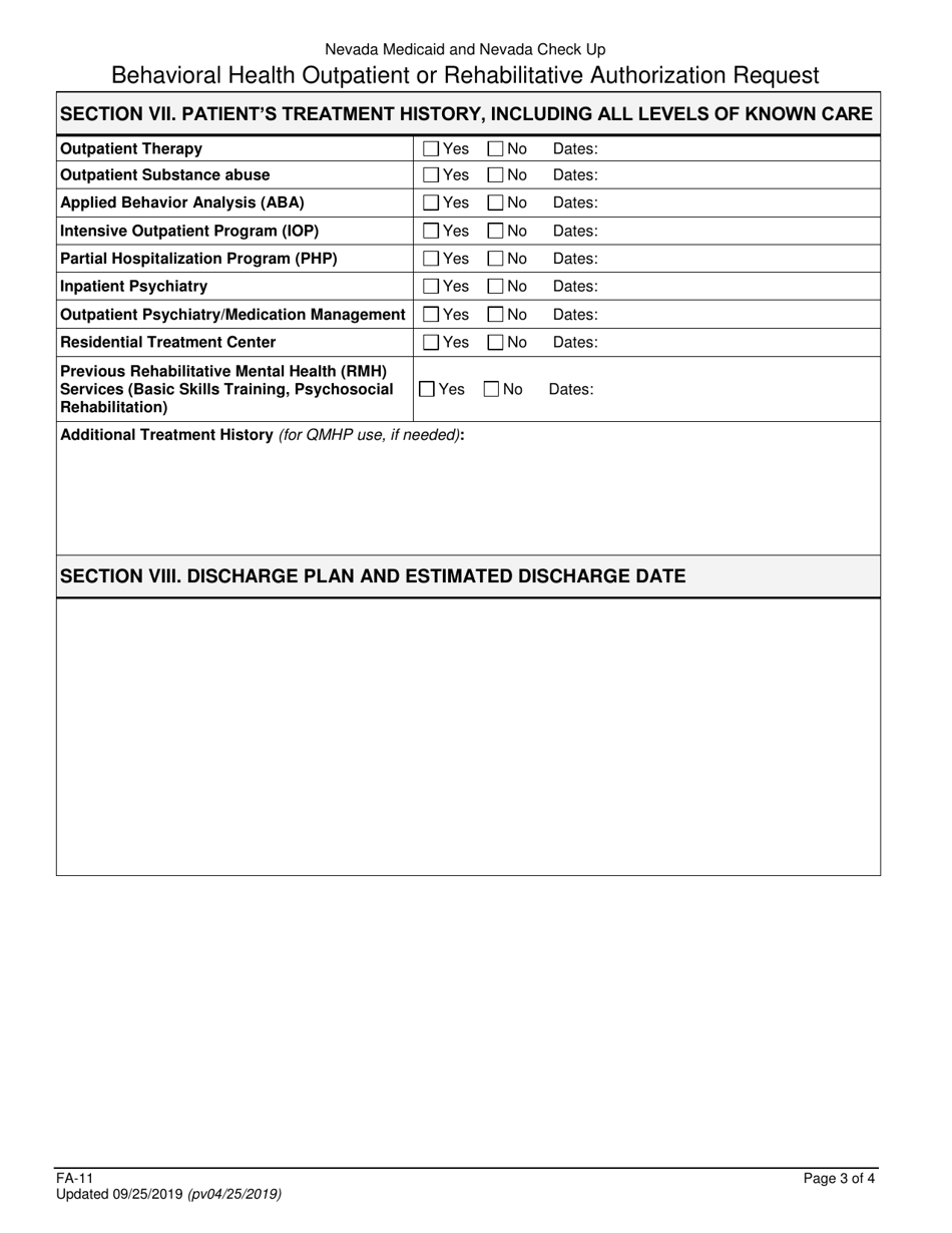 Form FA-11 Behavioral Health Outpatient or Rehabilitative Authorization Request - Nevada, Page 3