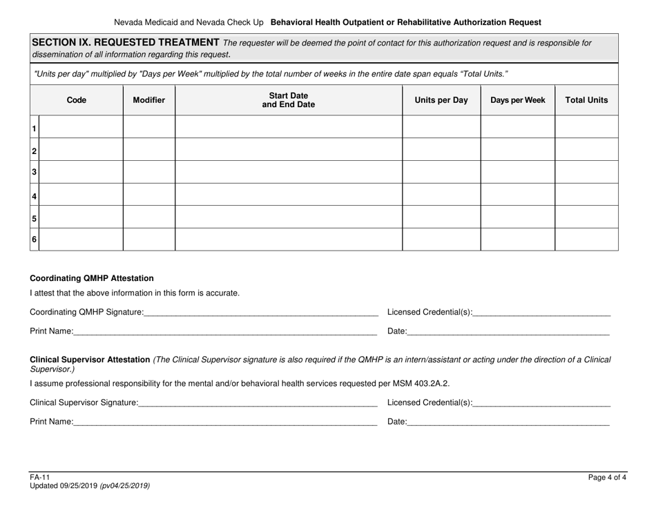 Form FA-11 Behavioral Health Outpatient or Rehabilitative Authorization Request - Nevada, Page 4