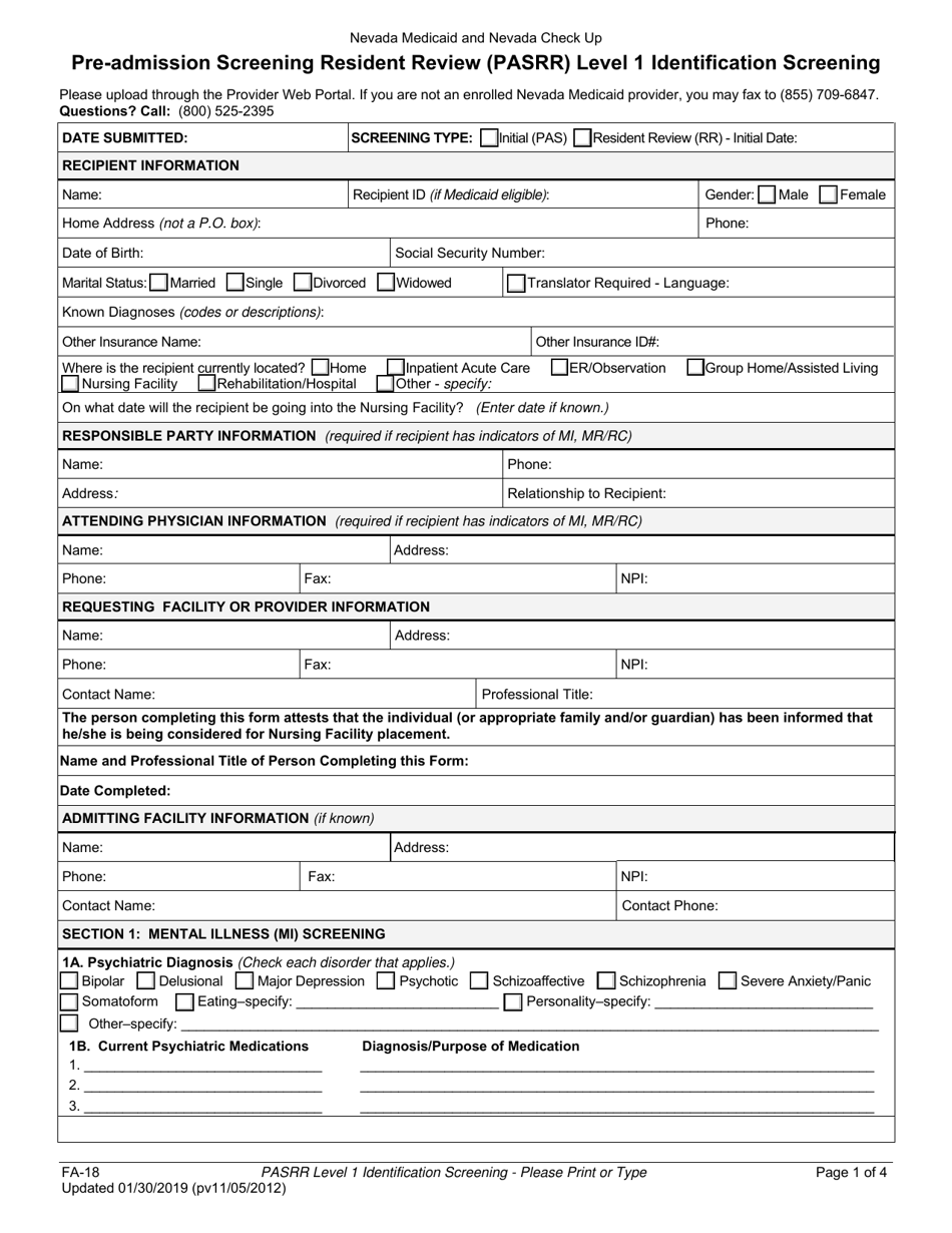Form FA-18 Pre-admission Screening Resident Review (Pasrr) Level 1 Identification Screening - Nevada, Page 1
