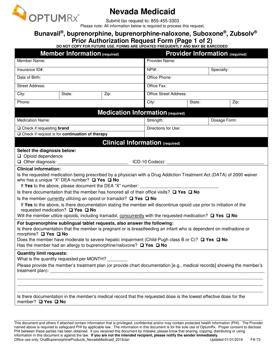 Form FA-73 Bunavail, Buprenorphine, Buprenorphine-Naloxone, Suboxone, Zubsolv Prior Authorization Request Form - Nevada, Page 1