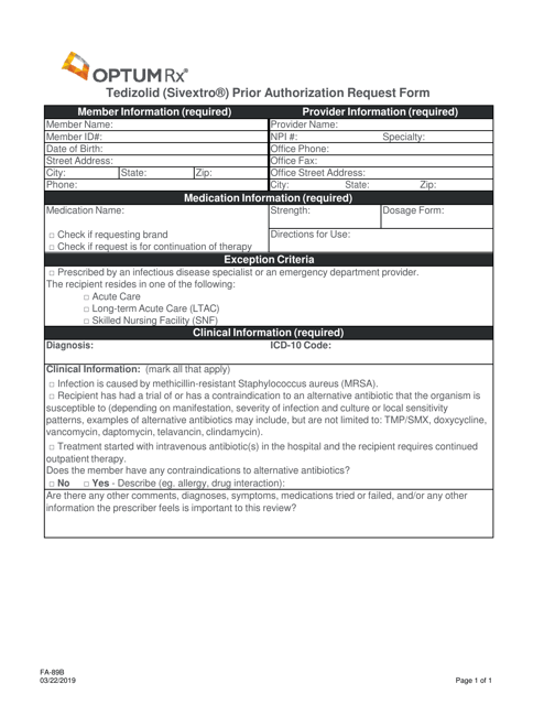 Form FA-89B Tedizolid (Sivextro) Prior Authorization Request Form - Nevada
