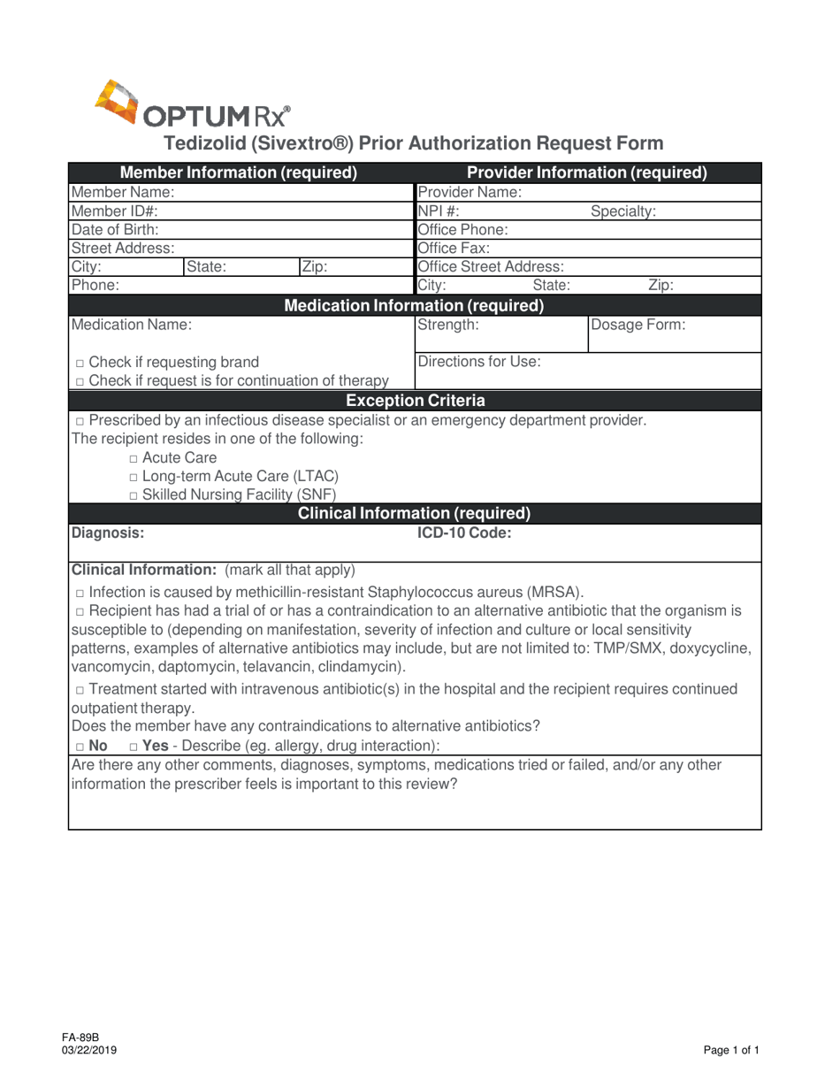 Form FA-89B Tedizolid (Sivextro) Prior Authorization Request Form - Nevada, Page 1