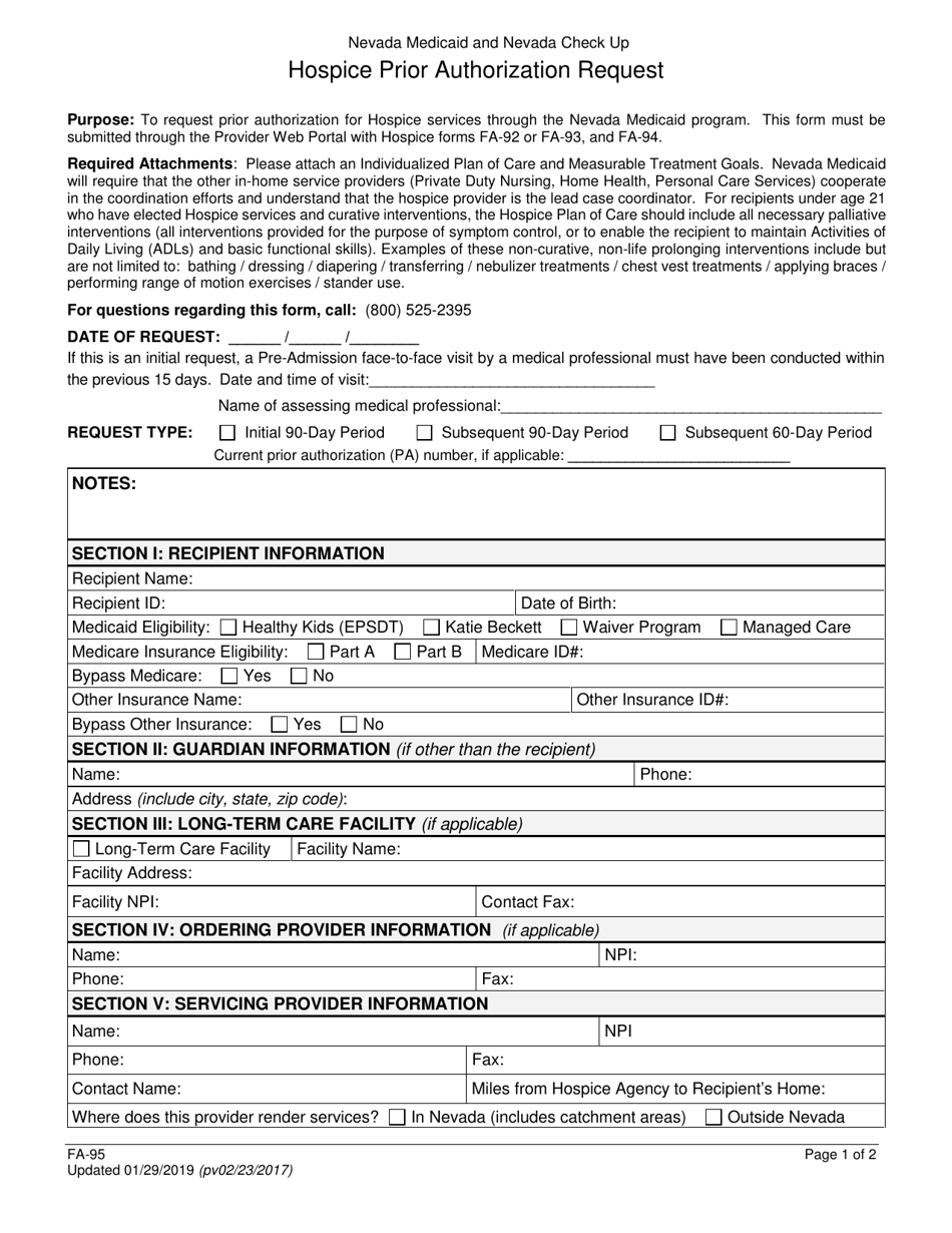 Form FA-95 Hospice Prior Authorization Request - Nevada, Page 1